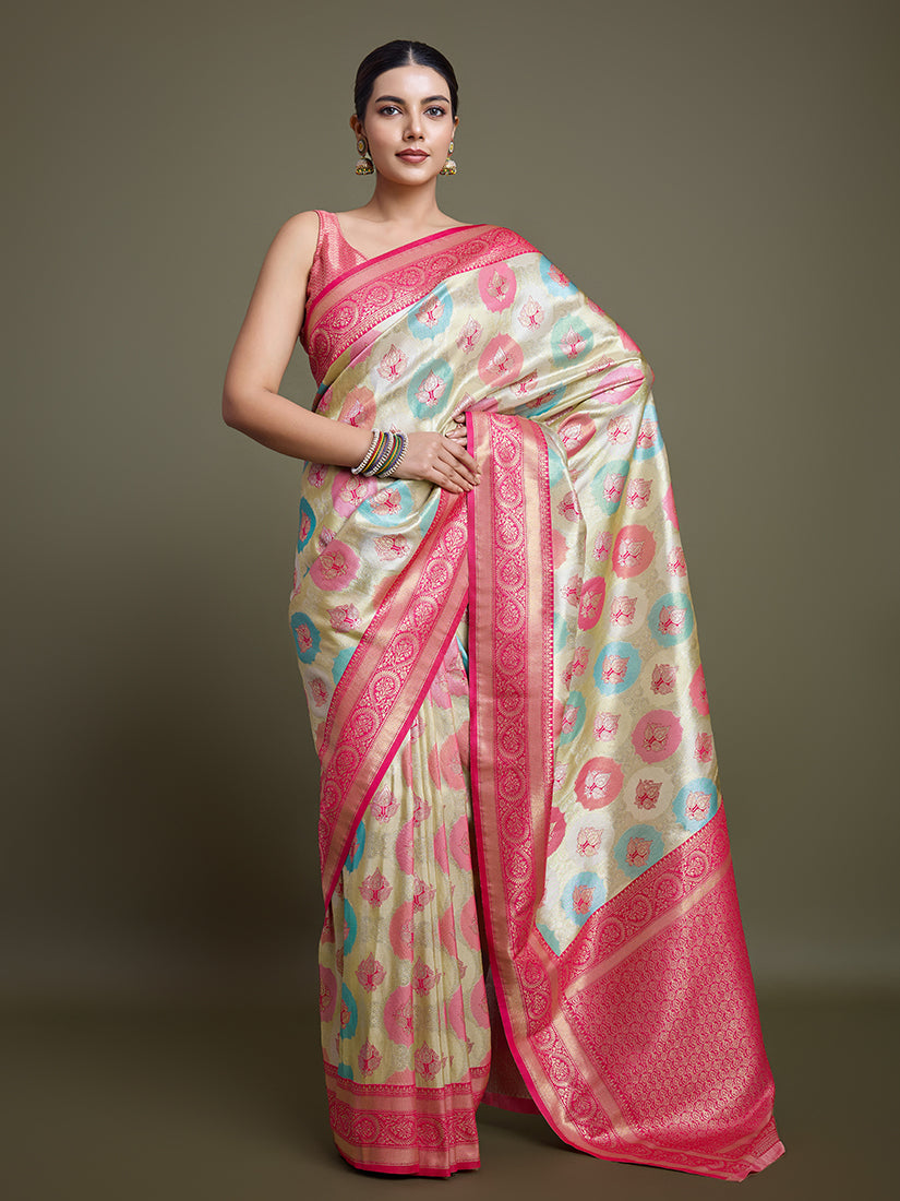 Monjolika Fashion Elegant Pink And Cream Banarasi Silk SareeWith Intricate Zari Work - Distacart