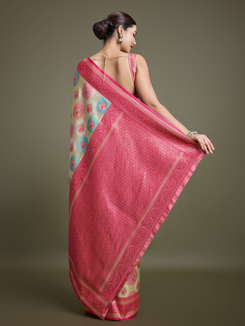 Monjolika Fashion Elegant Pink And Cream Banarasi Silk SareeWith Intricate Zari Work - Distacart
