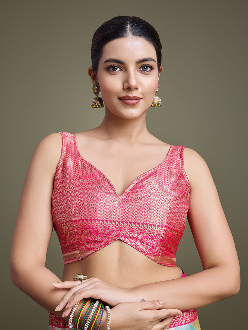 Monjolika Fashion Elegant Pink And Cream Banarasi Silk SareeWith Intricate Zari Work - Distacart