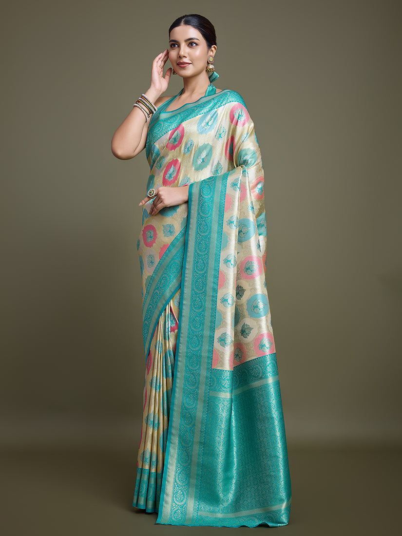 Monjolika Fashion Elegant Turquoise And Cream Banarasi Silk SareeWith Intricate Zari Work - Distacart