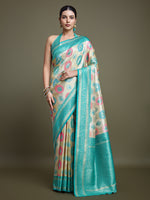 Thumbnail for Monjolika Fashion Elegant Turquoise And Cream Banarasi Silk SareeWith Intricate Zari Work - Distacart