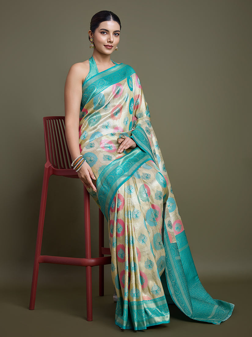 Monjolika Fashion Elegant Turquoise And Cream Banarasi Silk SareeWith Intricate Zari Work - Distacart