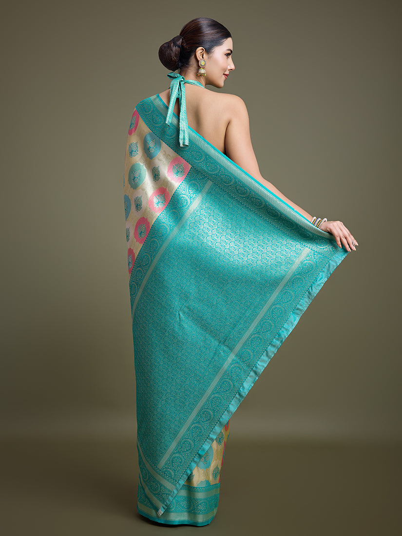 Monjolika Fashion Elegant Turquoise And Cream Banarasi Silk SareeWith Intricate Zari Work - Distacart