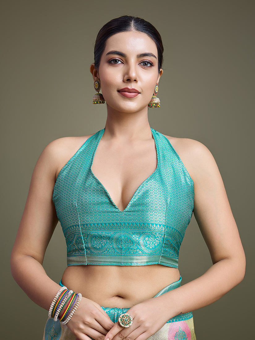 Monjolika Fashion Elegant Turquoise And Cream Banarasi Silk SareeWith Intricate Zari Work - Distacart
