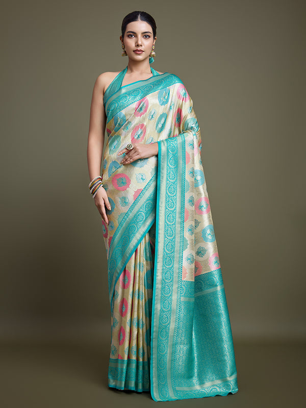 Monjolika Fashion Elegant Turquoise And Cream Banarasi Silk SareeWith Intricate Zari Work - Distacart