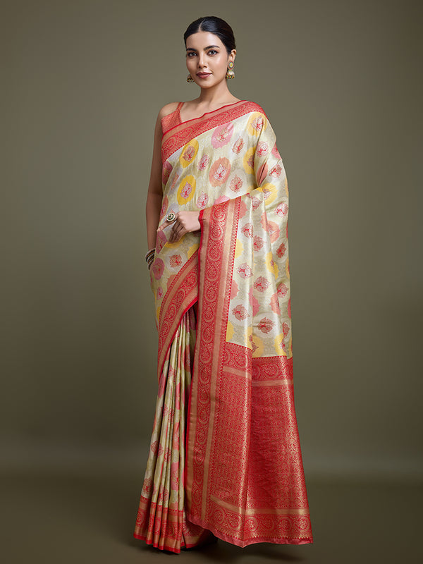 Monjolika Fashion Elegant Red And Cream Banarasi Silk SareeWith Intricate Zari Work - Distacart