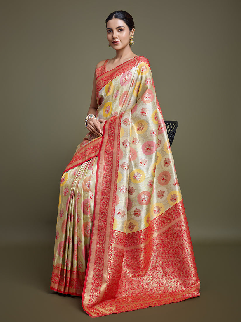 Monjolika Fashion Elegant Red And Cream Banarasi Silk SareeWith Intricate Zari Work - Distacart