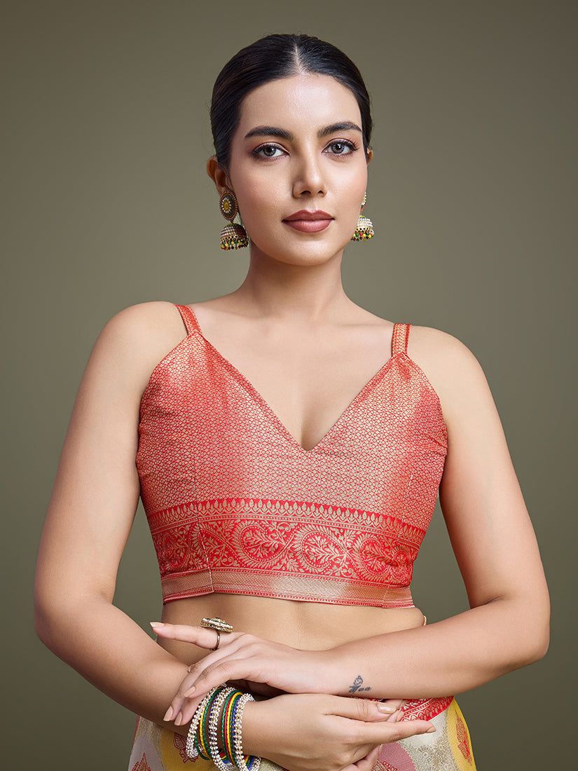 Monjolika Fashion Elegant Red And Cream Banarasi Silk SareeWith Intricate Zari Work - Distacart