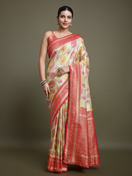 Monjolika Fashion Elegant Red And Cream Banarasi Silk SareeWith Intricate Zari Work - Distacart