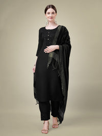 Thumbnail for Malishka Women's Embroidered Black Cotton Blend Kurta Pant Dupatta Set - Distacart
