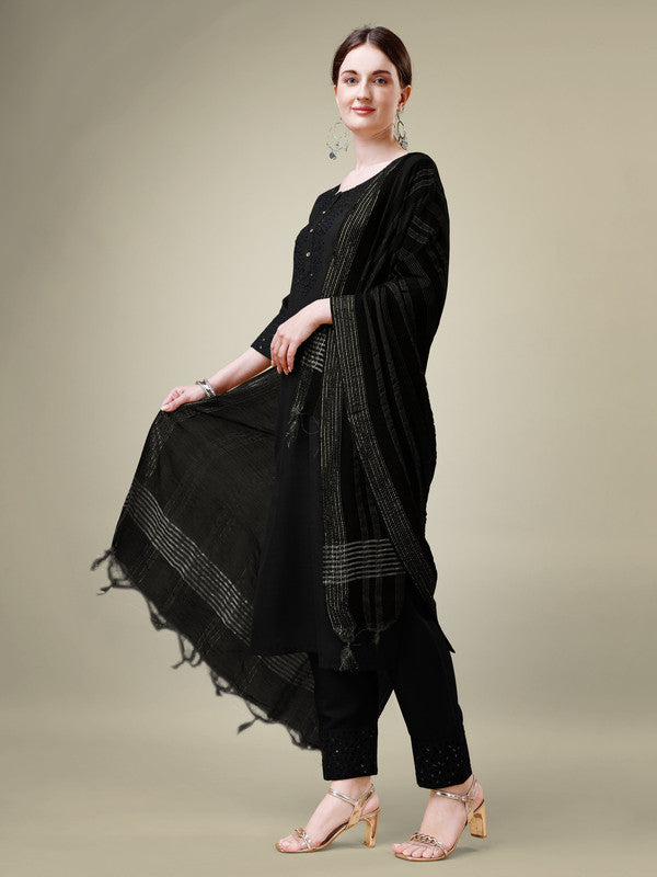 Malishka Women's Embroidered Black Cotton Blend Kurta Pant Dupatta Set - Distacart