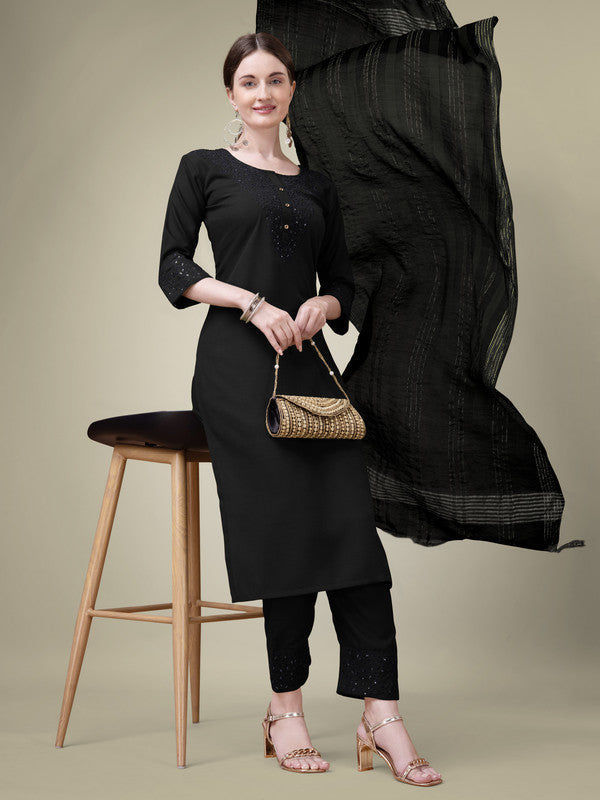 Malishka Women's Embroidered Black Cotton Blend Kurta Pant Dupatta Set - Distacart