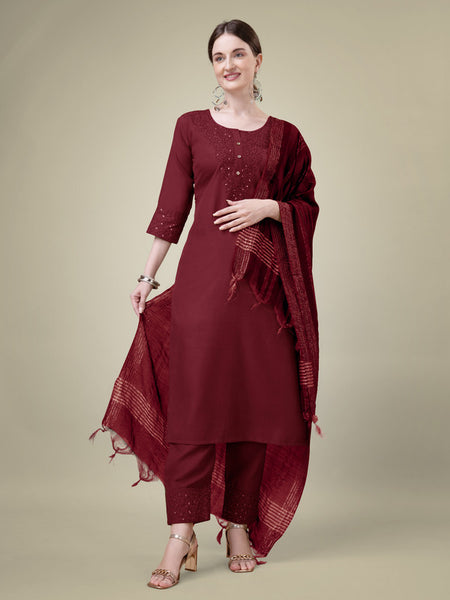 Malishka Women's Embroidered Maroon Cotton Blend Kurta Pant Dupatta Set - Distacart