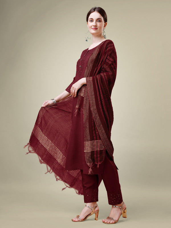 Malishka Women's Embroidered Maroon Cotton Blend Kurta Pant Dupatta Set - Distacart
