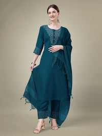 Thumbnail for Malishka Women's Embroidered Morpichh Cotton Blend Kurta Pant Dupatta Set - Blue - Distacart