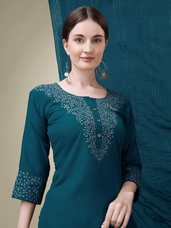 Malishka Women's Embroidered Morpichh Cotton Blend Kurta Pant Dupatta Set - Blue - Distacart