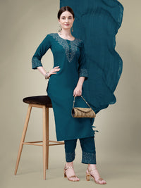 Thumbnail for Malishka Women's Embroidered Morpichh Cotton Blend Kurta Pant Dupatta Set - Blue - Distacart