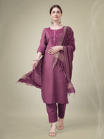 Thumbnail for Malishka Women's Embroidered Wine Cotton Blend Kurta Pant Dupatta Set - Distacart