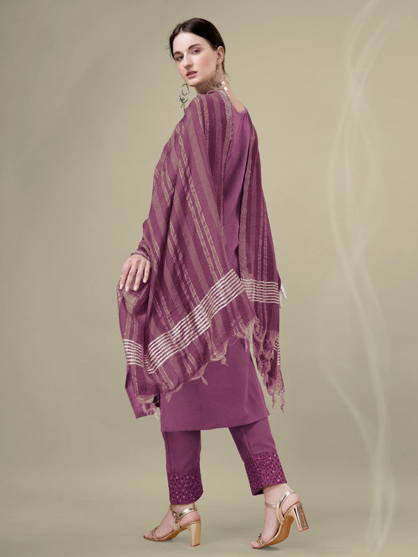 Malishka Women's Embroidered Wine Cotton Blend Kurta Pant Dupatta Set - Distacart