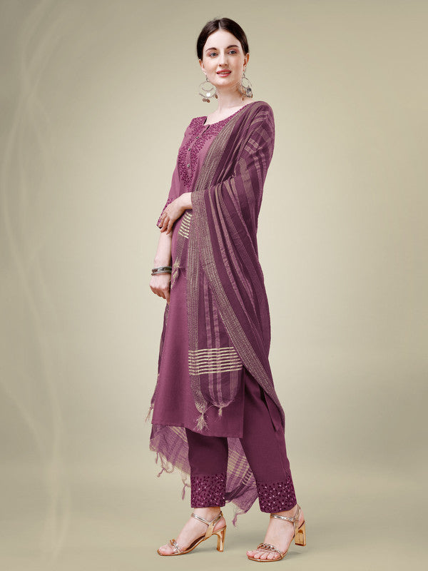 Malishka Women's Embroidered Wine Cotton Blend Kurta Pant Dupatta Set - Distacart