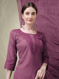 Thumbnail for Malishka Women's Embroidered Wine Cotton Blend Kurta Pant Dupatta Set - Distacart