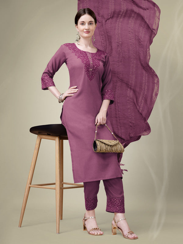 Malishka Women's Embroidered Wine Cotton Blend Kurta Pant Dupatta Set - Distacart