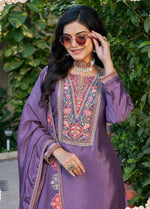Thumbnail for Anaita Purple Chinon Stitched Plazzo Suit With Codding Dori & Sequence Work - Distacart