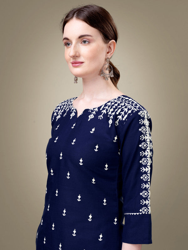 Malishka Women's Embroidered Navy Blue Cotton Blend Kurta Pant Set - Distacart