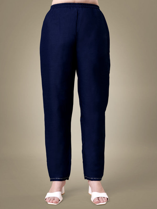 Malishka Women's Embroidered Navy Blue Cotton Blend Kurta Pant Set - Distacart