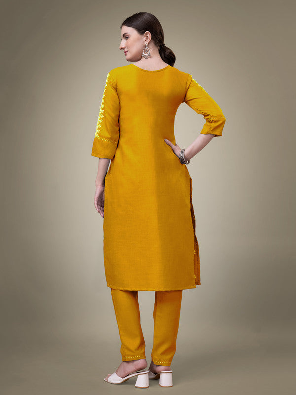 Malishka Women's Embroidered Yellow Cotton Blend Kurta Pant Set - Distacart
