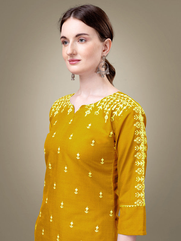 Malishka Women's Embroidered Yellow Cotton Blend Kurta Pant Set - Distacart