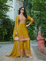 Thumbnail for Anaita Mustard Chinon Stitched Plazzo Suit With Codding Dori & Sequence Work - Distacart