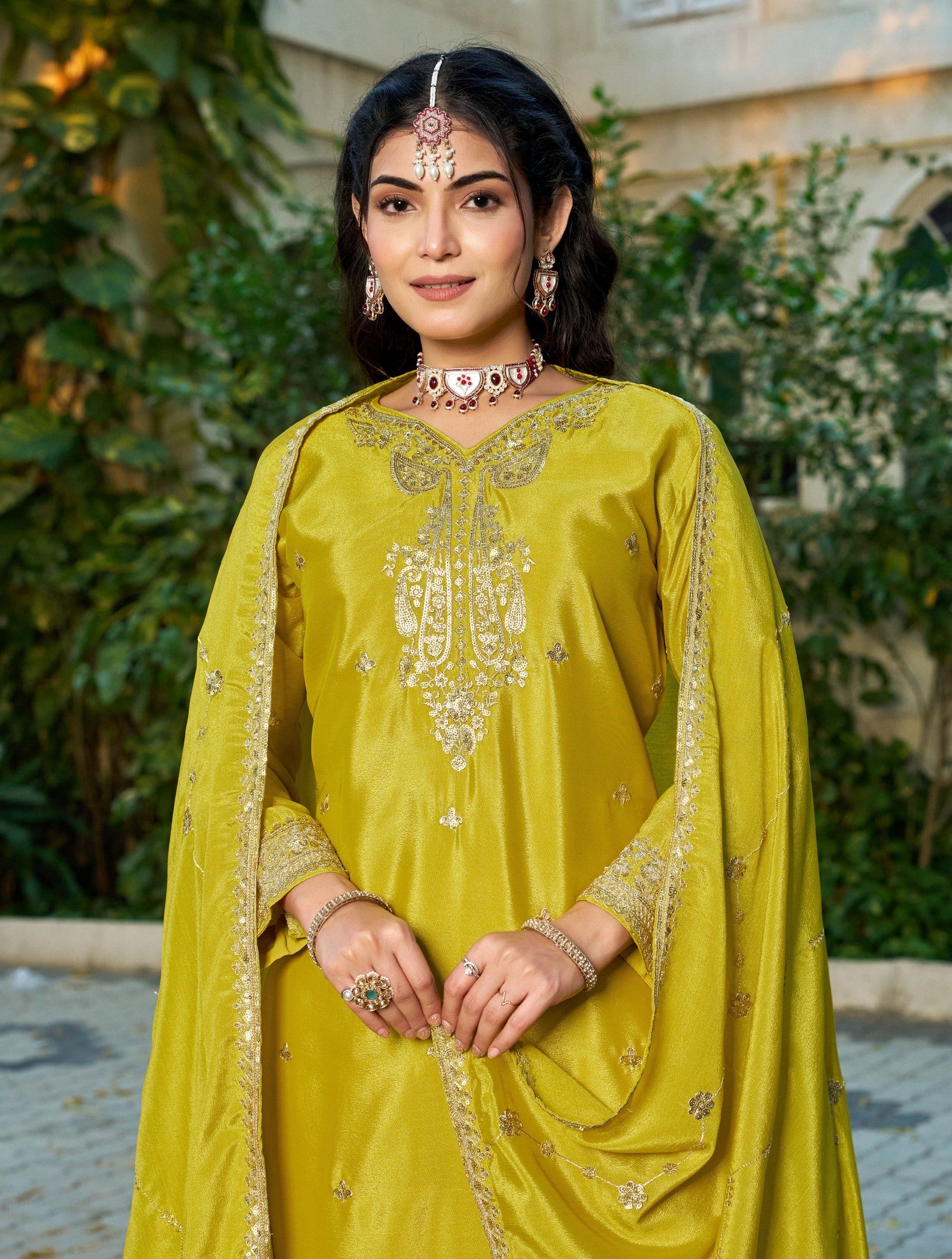 Anaita Mustard Chinon Stitched Plazzo Suit With Codding Dori & Sequence Work - Distacart