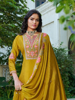 Thumbnail for Anaita Mustard Chinon Stitched Plazzo Suit With Codding Dori & Sequence Work - Distacart