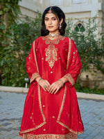 Thumbnail for Anaita Red Chinon Stitched Plazzo Suit With Codding Dori & Sequence Work - Distacart