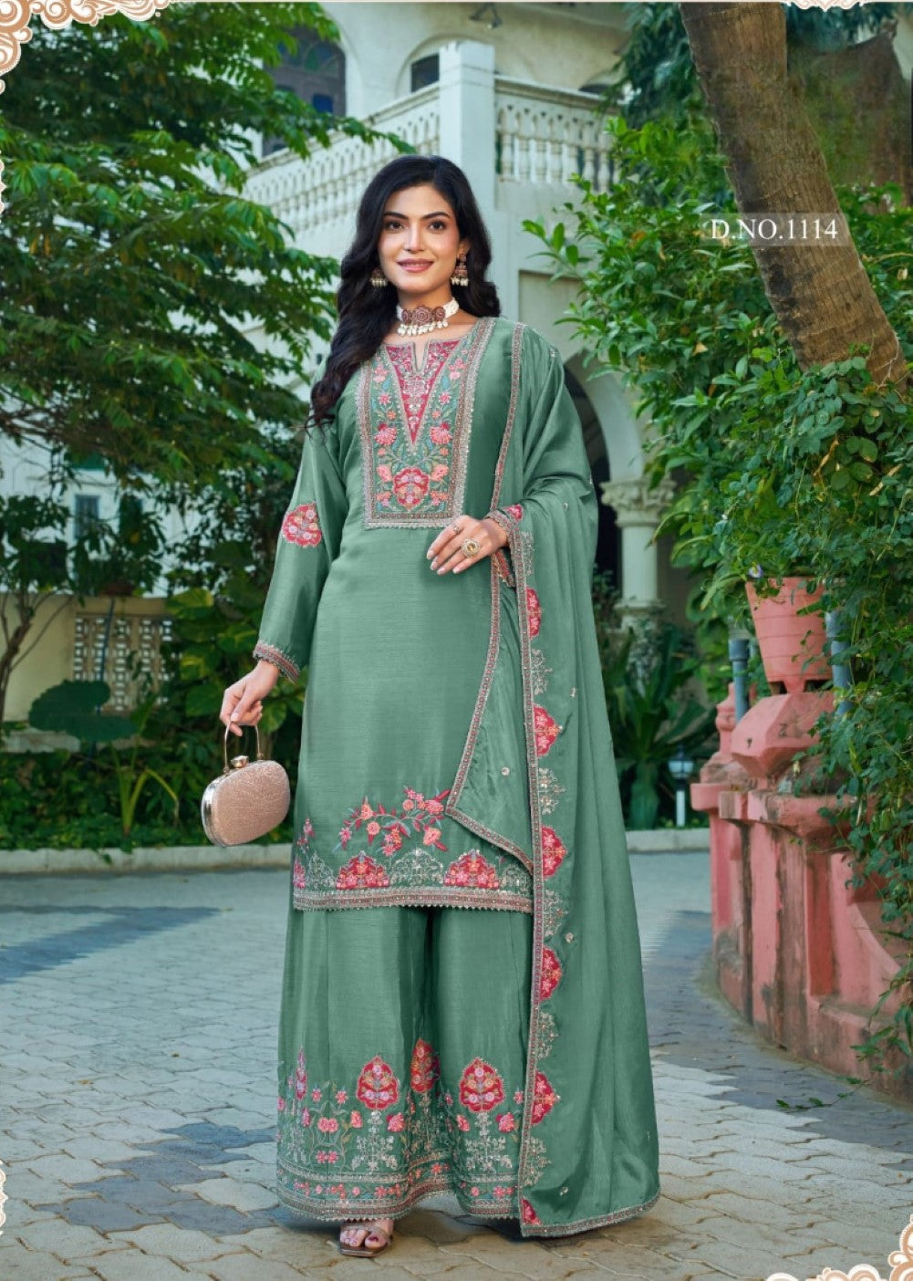 Anaita Sea Green Chinon Free Size Stitched Plazo Suit With Codding Dori & Sequence Work - Dista