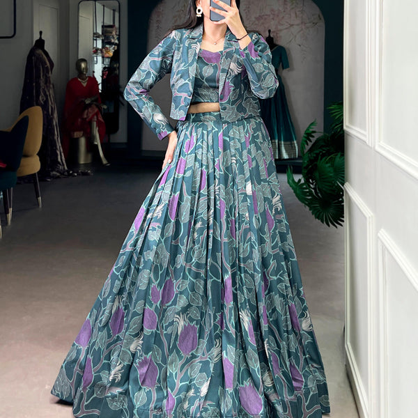 Lorenvalley Fashion Teal Tasar Silk Printed Lehenga Choli with Koti - Distacart