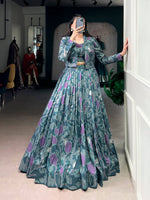 Thumbnail for Lorenvalley Fashion Teal Tasar Silk Printed Lehenga Choli with Koti - Distacart