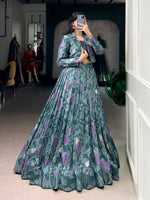 Thumbnail for Lorenvalley Fashion Teal Tasar Silk Printed Lehenga Choli with Koti - Distacart