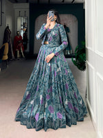 Thumbnail for Lorenvalley Fashion Teal Tasar Silk Printed Lehenga Choli with Koti - Distacart