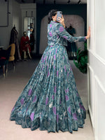 Thumbnail for Lorenvalley Fashion Teal Tasar Silk Printed Lehenga Choli with Koti - Distacart