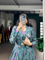 Thumbnail for Lorenvalley Fashion Teal Tasar Silk Printed Lehenga Choli with Koti - Distacart
