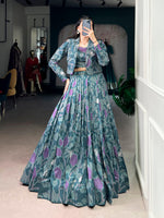 Thumbnail for Lorenvalley Fashion Teal Tasar Silk Printed Lehenga Choli with Koti - Distacart
