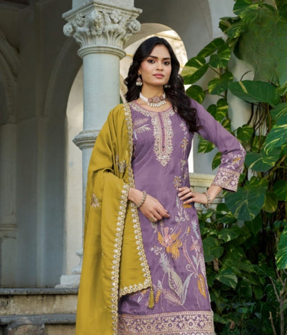 Anaita Purple Shimmer Stitched Plazzo Suit With Codding Dori & Sequence Work - Distacart
