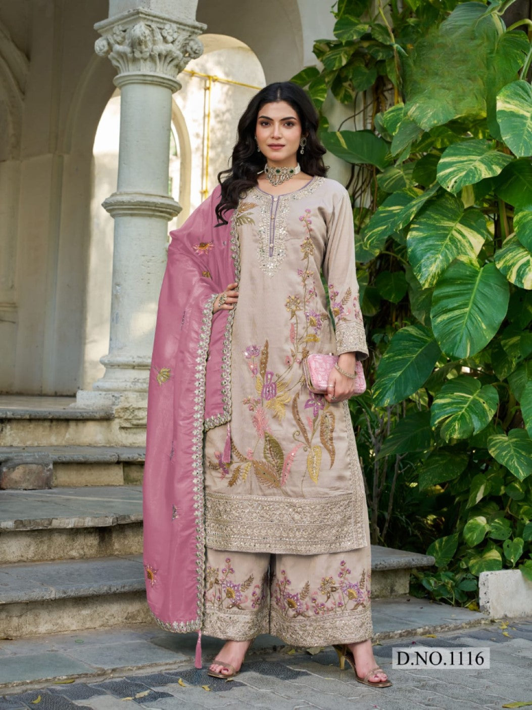 Anaita Cream Shimmer Stitched Plazzo Suit With Codding Dori & Sequence Work - Distacart