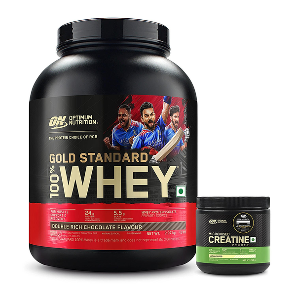 Optimum Nutrition Gold Standard 100% Whey Protein Powder (Double Rich Chocolate) 2.27kg & Micronised Creatine Powder (Unflavoured) 250gm