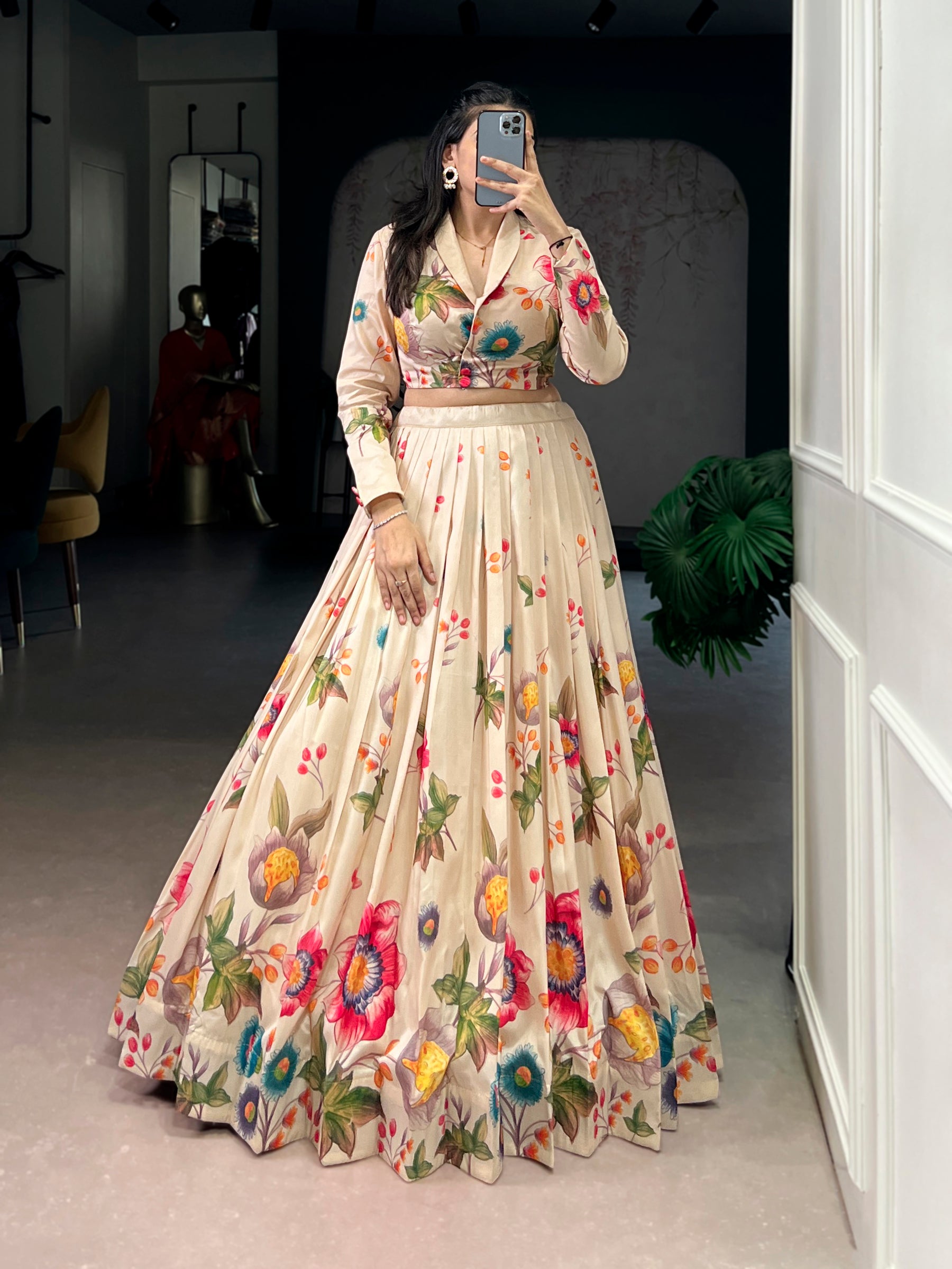 Lorenvalley Fashion Cream Tasar Silk Floral Print Lehenga Choli Co-ord Set - Distacart