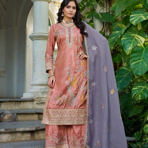 Anaita Peach Shimmer Stitched Plazzo Suit With Codding Dori & Sequence Work - Distacart