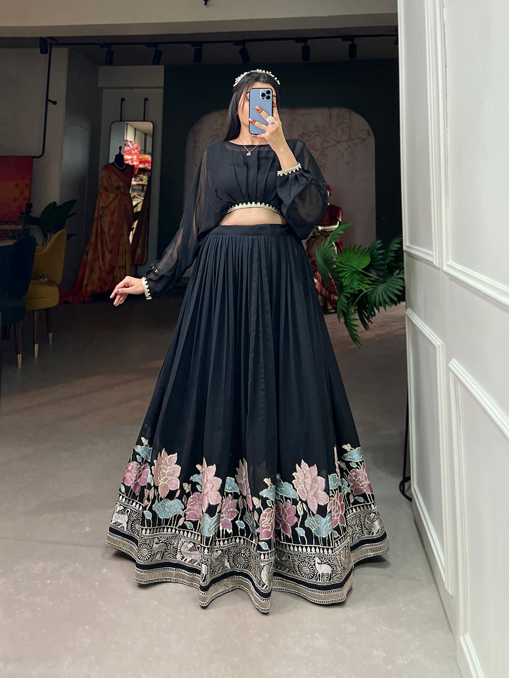 Lorenvalley Black Georgette Sequins and Thread Embroidery Work Lehenga Choli - Distacart