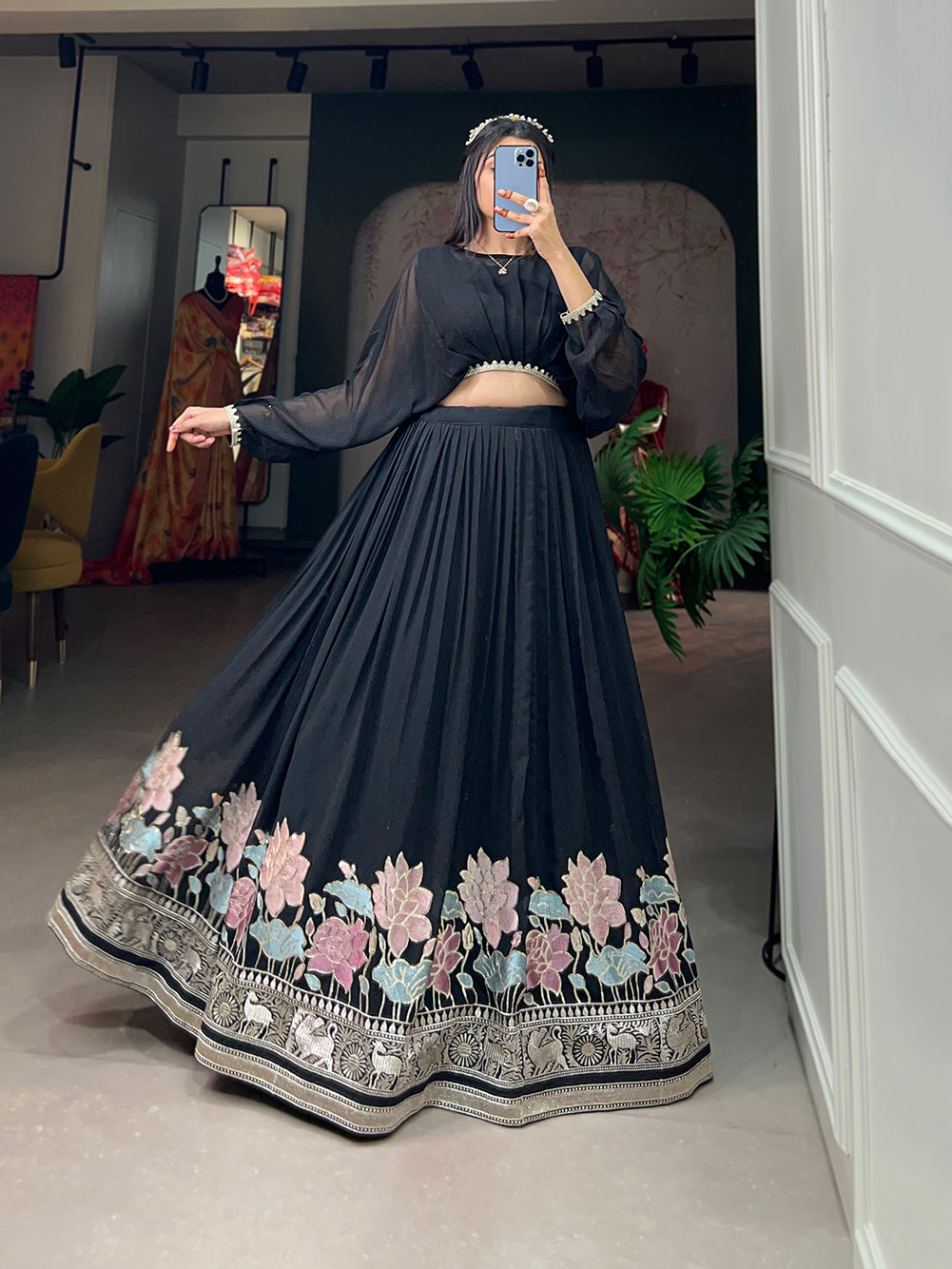 Lorenvalley Black Georgette Sequins and Thread Embroidery Work Lehenga Choli - Distacart